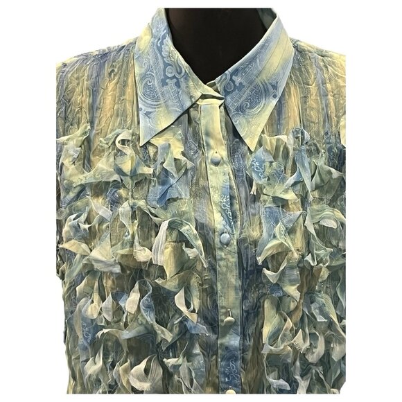 90's U Dress By Sharon Sleeveless Blue Yel Metallic Thread Ruffled Top New Large - Picture 3 of 8